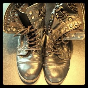 Black combat boots with woven sides